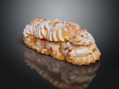 Long Strip Baked Pastry With Almond Slices Powdered Sugar And Cream Filling 3d model