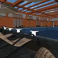 Indoor Swimming Pool With Wooden Roof Structure White Pedestals And Lounge Chairs