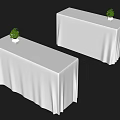Two White Tablecloth Covered Reception Desks With Small Green Potted Plants 3d model