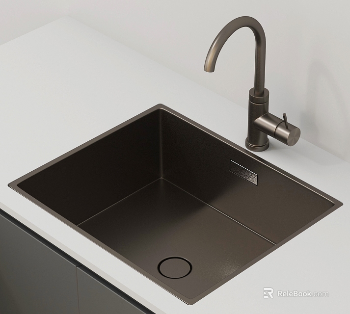 Modern Square Dark Colored Kitchen Sink With Curved Faucet On White Countertop 3d model 