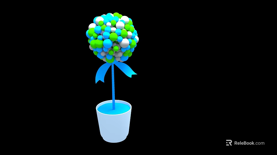 Decorative Ornament Set with White Pot Blue Stem Green White Blue Balls and Blue Bow 3d model 