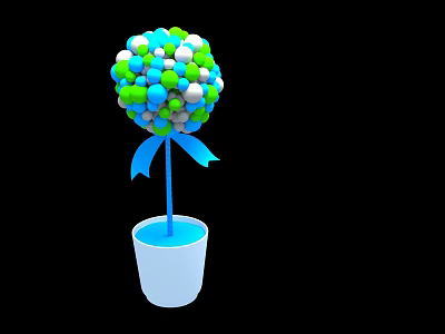 Decorative Ornament Set with White Pot Blue Stem Green White Blue Balls and Blue Bow 3d model