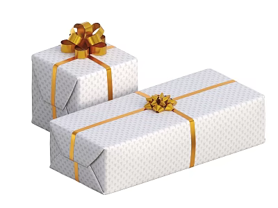 Elegant Decorative Ornament Set with White Dotted Wrapping Golden Ribbon and Bow Gift Boxes 3d model