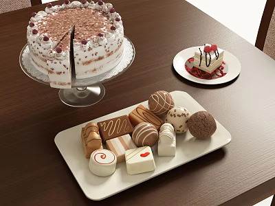 Delicious Cream Cake And Assorted Pastries On Wooden Table With Dessert Platter 3d model Delicious Cream Cake And Assorted Pastries On Wooden Table With Dessert Platter 3d model