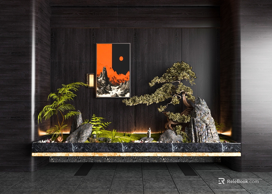 Modern Indoor Landscape with Dark Wooden Wall Red Black Painting Pine Tree and Stones 3d model 