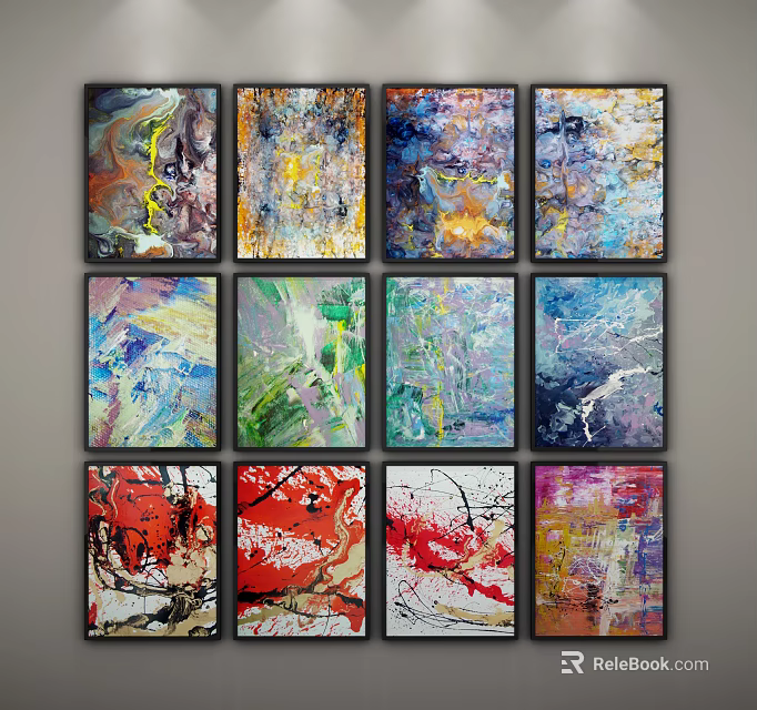 Vibrant Abstract Paintings in Frames with Diverse Artistic Styles and Colorful Patterns 3d model 