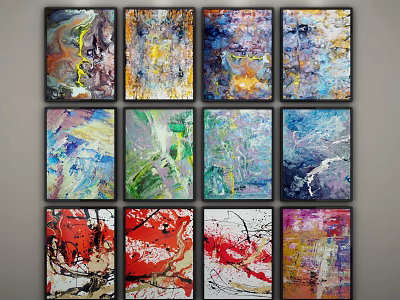 Vibrant Abstract Paintings in Frames with Diverse Artistic Styles and Colorful Patterns 3d model