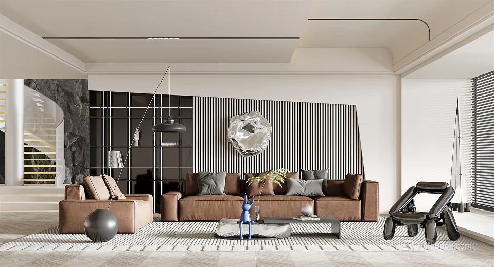 Modern Living Room Interior Design With Brown Sofa Round Mirror Striped Wall And Geometric Floor 3d model 