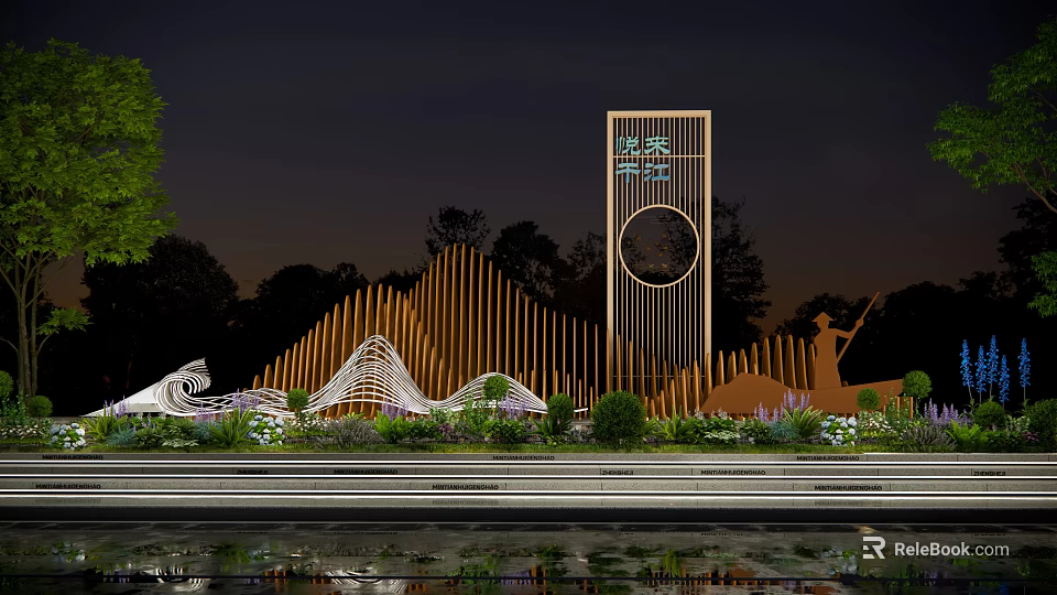 Modern Landscape Wall With Wooden Structure Wavy Decorations Circular Cutout Greenery Water Feature At Night 3d model 