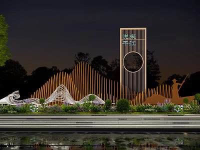 Modern Landscape Wall With Wooden Structure Wavy Decorations Circular Cutout Greenery Water Feature At Night 3d model