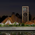 Modern Landscape Wall With Wooden Structure Wavy Decorations Circular Cutout Greenery Water Feature At Night