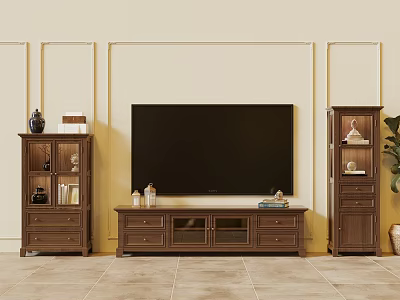 Classic Walnut TV Stand With Display Cabinets And Storage Drawers In Living Room 3d model