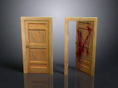 Vintage Wooden Doors With Carved Patterns And Open Door Showing Bloodstains 3d model
