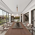 Modern Open Living Dining Room Interior With Marble Floor Chandelier Sofa Dining Table TV Wall
