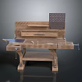 Vintage Wooden Workbench Design With Drawers Metal Grid Panel And Tools On Worktop
