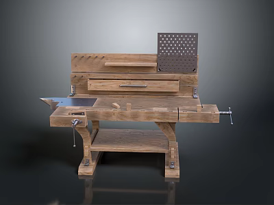Vintage Wooden Workbench Design With Drawers Metal Grid Panel And Tools On Worktop 3d model