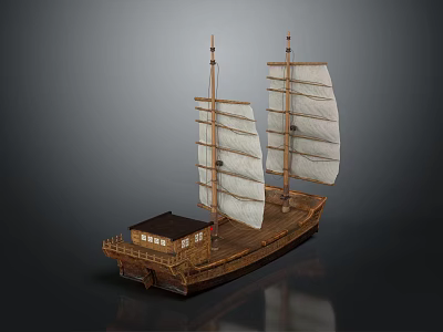 Ancient Wooden Sailing Ship Model With Two Masts And White Sails For Water Transportation 3d model