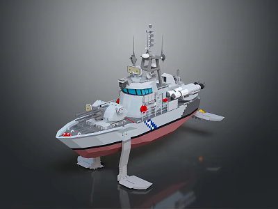 Military Patrol Boat With Radar Antenna Missile System Gray Red Hull On Display Stand 3d model