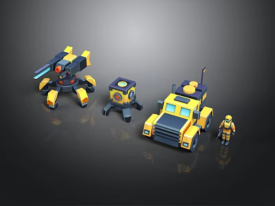 Yellow Mechanical Robots Collection With Spider Truck And Humanoid Shapes Design 3d model