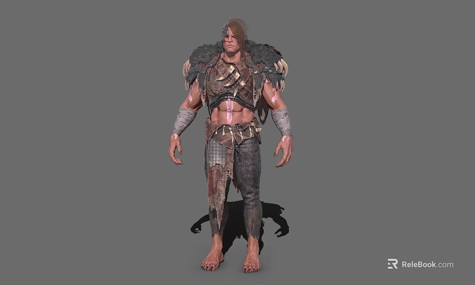 Game Movie Character Male Warrior With Feathered Armor Bare Chest Muscular Arms And Tattered Pants 3d model 