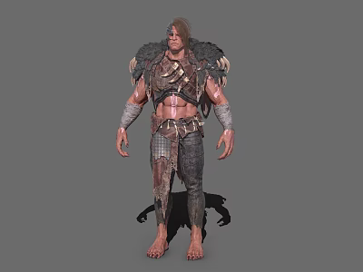 Game Movie Character Male Warrior With Feathered Armor Bare Chest Muscular Arms And Tattered Pants 3d model
