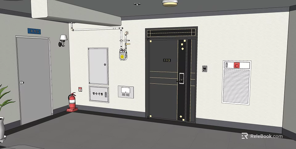 Office Corridor Interior with Safety Door Fire Extinguisher Notice Board and Lighting 3d model 