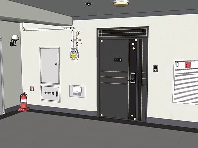 Office Corridor Interior with Safety Door Fire Extinguisher Notice Board and Lighting 3d model
