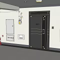 Office Corridor Interior with Safety Door Fire Extinguisher Notice Board and Lighting