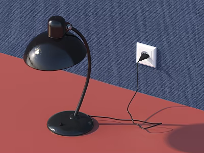 Black Desk Lamp With Curved Arm Plugged Into White Socket On Red Table 3d model