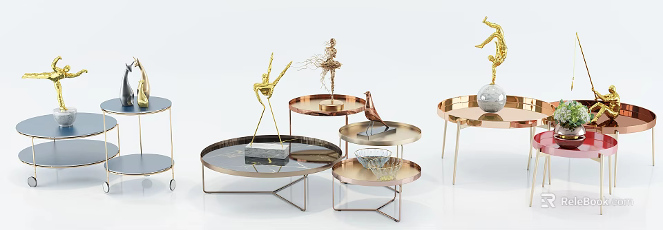 Modern Round Tables Design With Metal Frames Glass Tops And Decorative Sculptures For Living Room Decor 3d model 