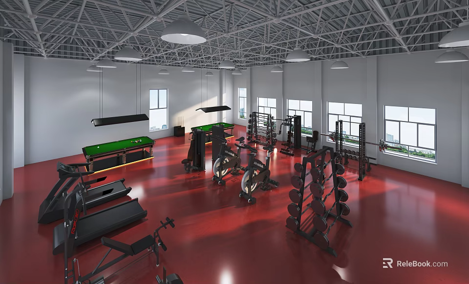 Spacious Gym Interior With Red Floor Treadmills Dumbbell Racks And Fitness Equipment 3d model 