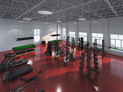 Spacious Gym Interior With Red Floor Treadmills Dumbbell Racks And Fitness Equipment 3d model