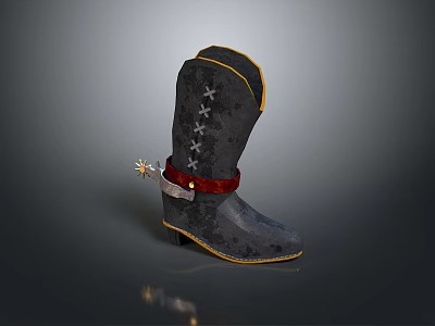Black Boot With Yellow Trim Cross Stitching Red Strap Star Decoration And Thin Heel 3d model