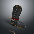 Black Boot With Yellow Trim Cross Stitching Red Strap Star Decoration And Thin Heel