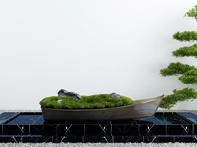 Courtyard Garden Design With Boat Shaped Moss Planter Water Feature Stone Accents And Greenery 3d model