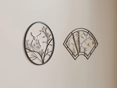 Oval And Fan Shaped Metal Wall Decor With Branches Bird And Flowers 3d model