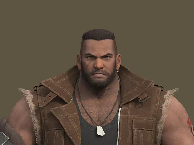 Muscular Man with Frayed Brown Sleeveless Leather Vest and Dog Tag Pendant Against Brown Background 3d model