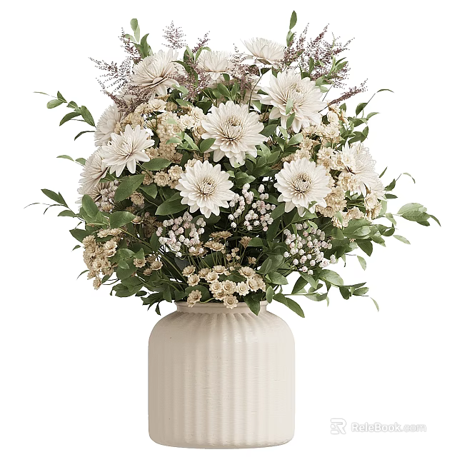 Elegant Floral Display With White Ribbed Vase White Daisies And Green Leaves 3d model 