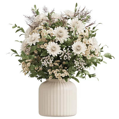 Elegant Floral Display With White Ribbed Vase White Daisies And Green Leaves 3d model