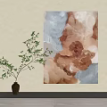 Abstract Artwork With Brown Beige Gray Tones And Green Branch In Vase On Wall