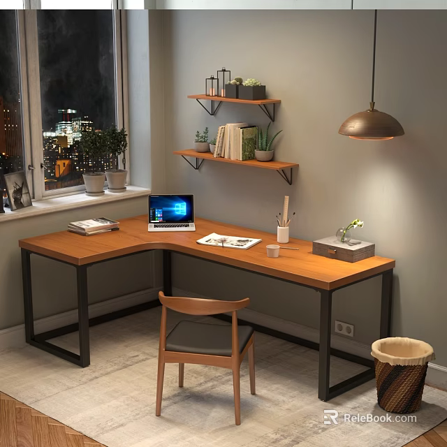 Wooden Corner Desk With Laptop Notebook Plant Near Window Night City View And Wall Shelves 3d model 