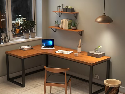 Wooden Corner Desk With Laptop Notebook Plant Near Window Night City View And Wall Shelves 3d model