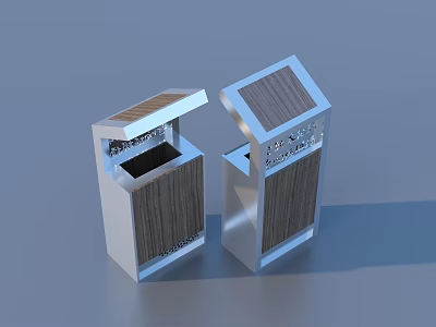 Modern Household Trash Bins With Wooden Panels And Metal Frame Open Lids 3d model