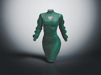 Elegant Green High Neck Long Sleeve Dress With Lace Details And Slim Fit Design 3d model