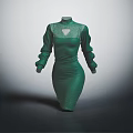 Elegant Green High Neck Long Sleeve Dress With Lace Details And Slim Fit Design
