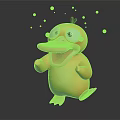 Cute Yellow Duck With Big Eyes 3D Cartoon Character And Blue Bubbles