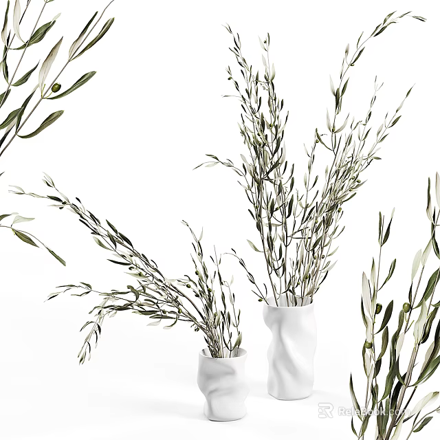 White Vase With Fresh Olive Branches For Home Interior Decoration 3d model 