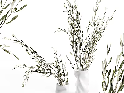 White Vase With Fresh Olive Branches For Home Interior Decoration 3d model