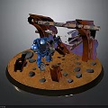 Blue Robot Warrior With Weapon On Orange Ground Near Red Broken Structures And Black Stones