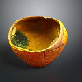 Artisanal Rustic Ceramic Bowl With Yellow Green Glaze And Textured Surface